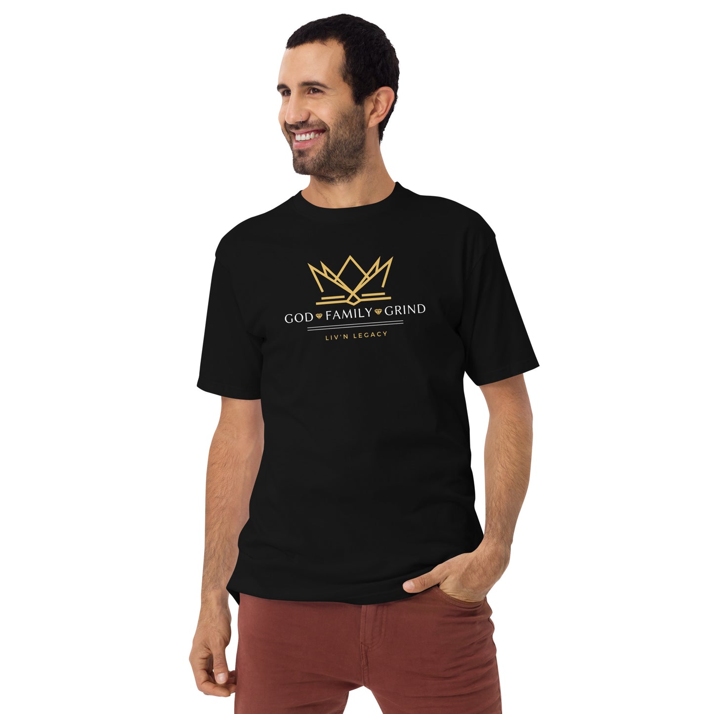 God, family, grind premium heavyweight tee