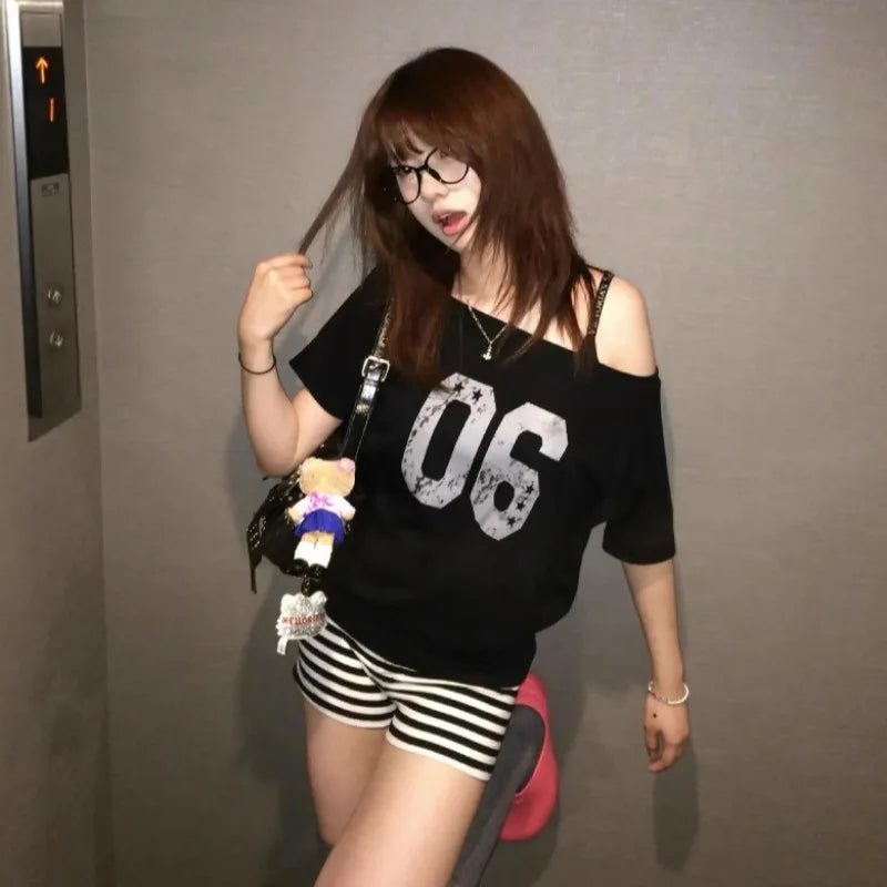 Black Off Shoulder Slant Neck Short Sleeve T-Shirt