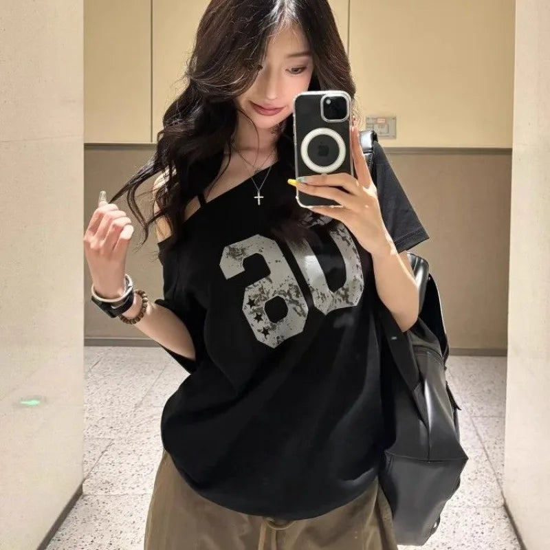 Black Off Shoulder Slant Neck Short Sleeve T-Shirt