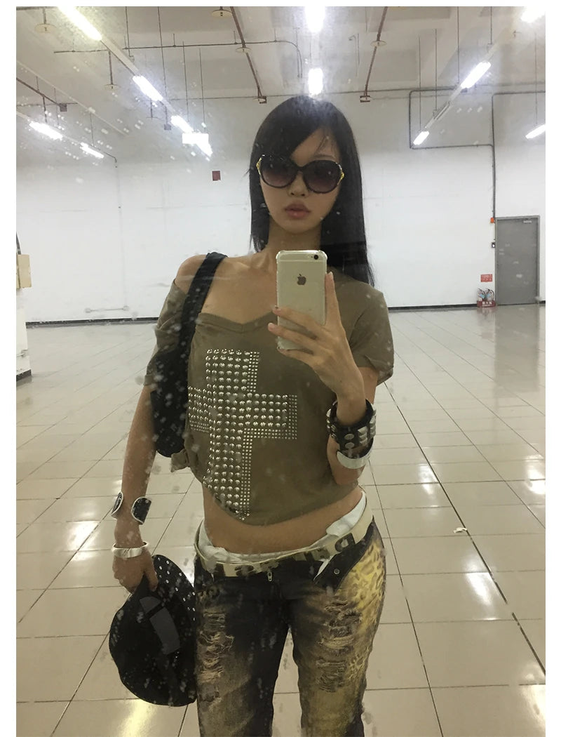 Metal Cross Print T-shirt V-neck Top
