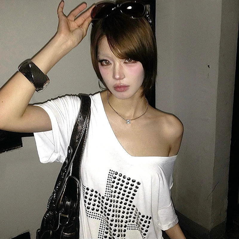 Metal Cross Print T-shirt V-neck Top
