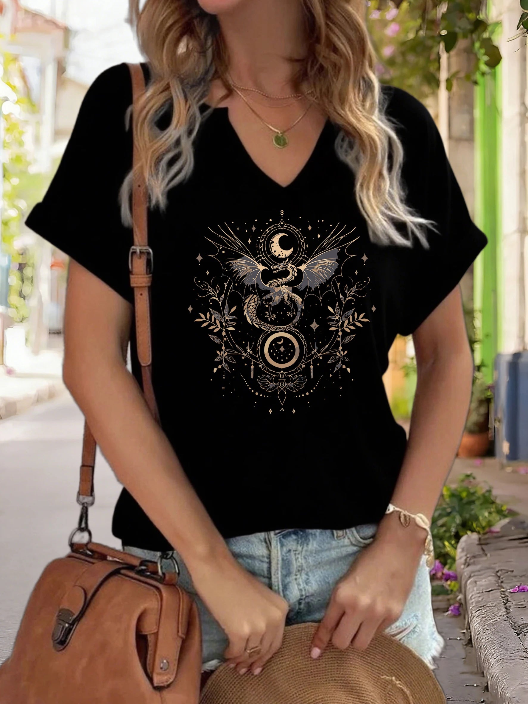 Women's V-Neck "Celestial Dragon & Moon" Graphic Tee