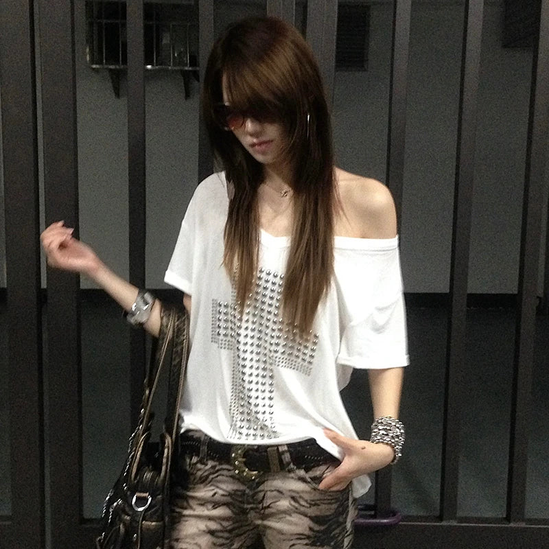 Metal Cross Print T-shirt V-neck Top