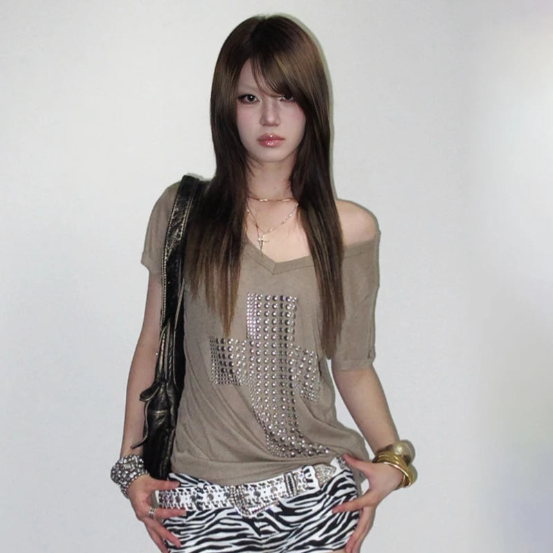 Metal Cross Print T-shirt V-neck Top