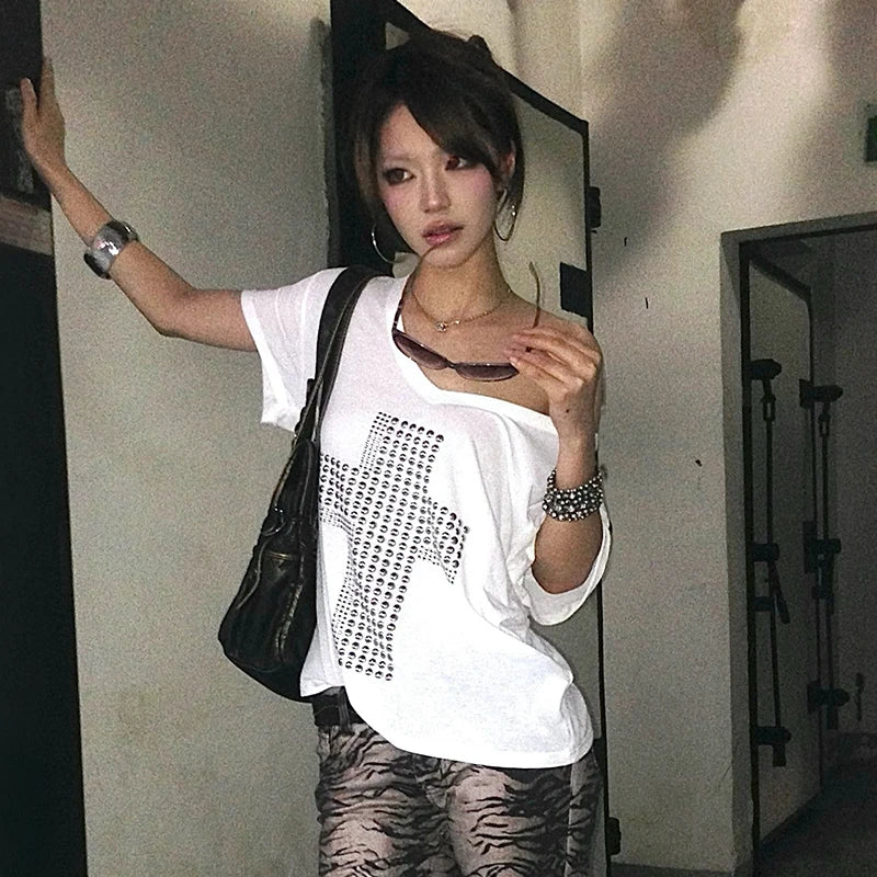 Metal Cross Print T-shirt V-neck Top