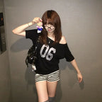 Black Off Shoulder Slant Neck Short Sleeve T-Shirt