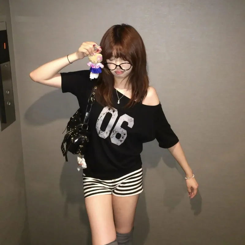 Black Off Shoulder Slant Neck Short Sleeve T-Shirt