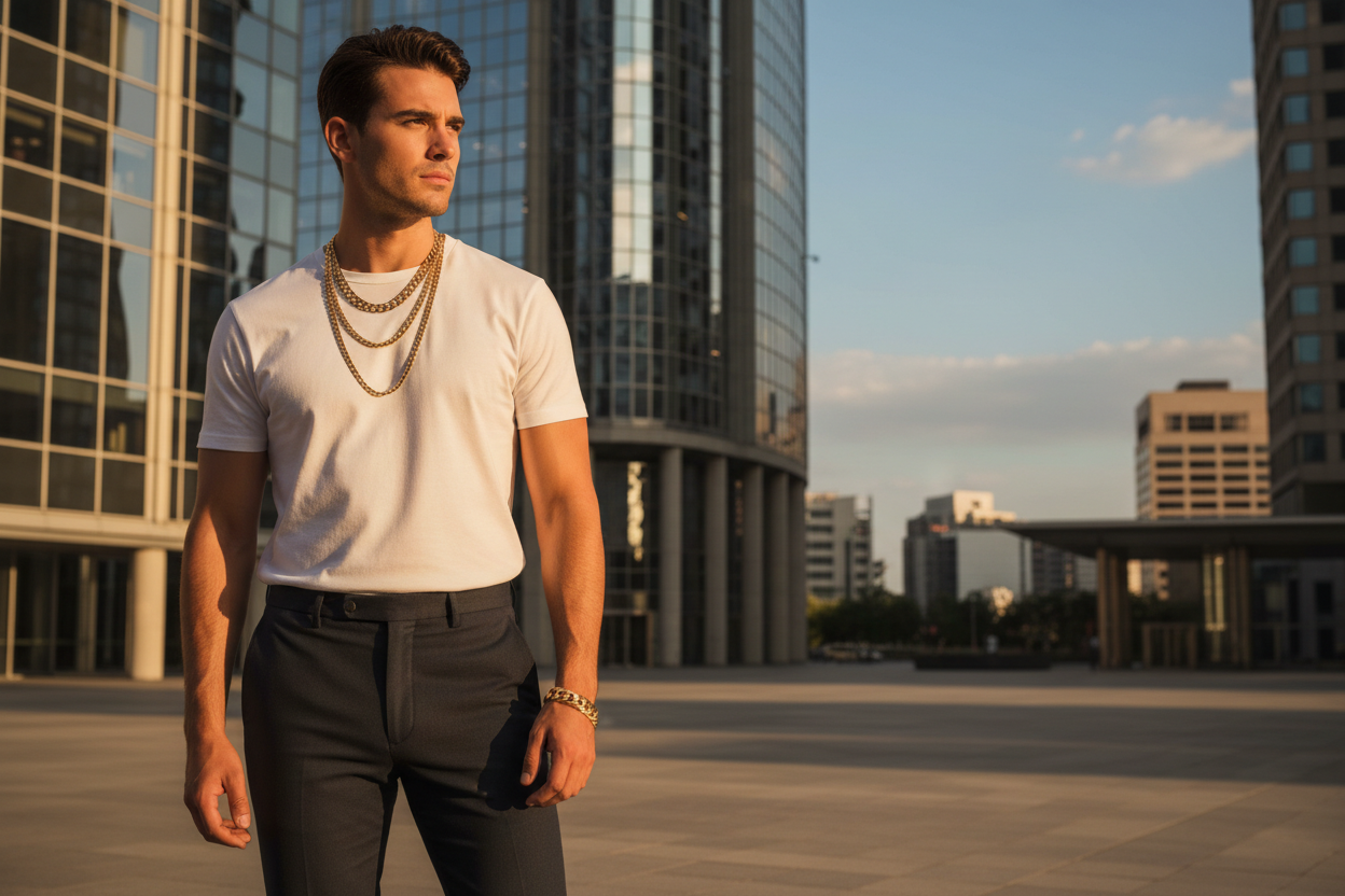 Model in city plaza with white tee