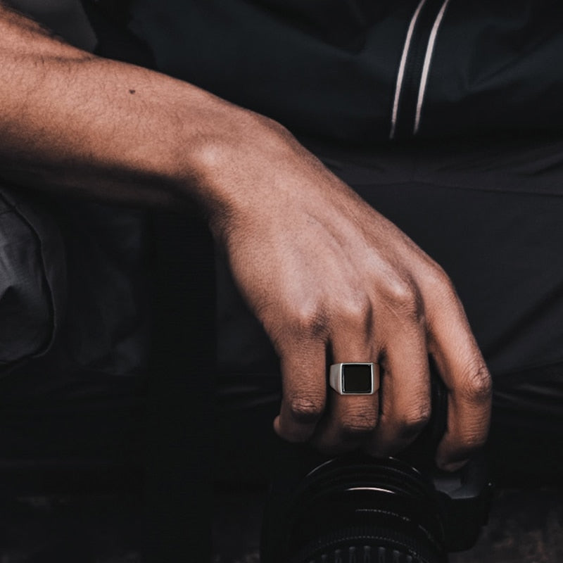 Solid Black Stone Silver Ring