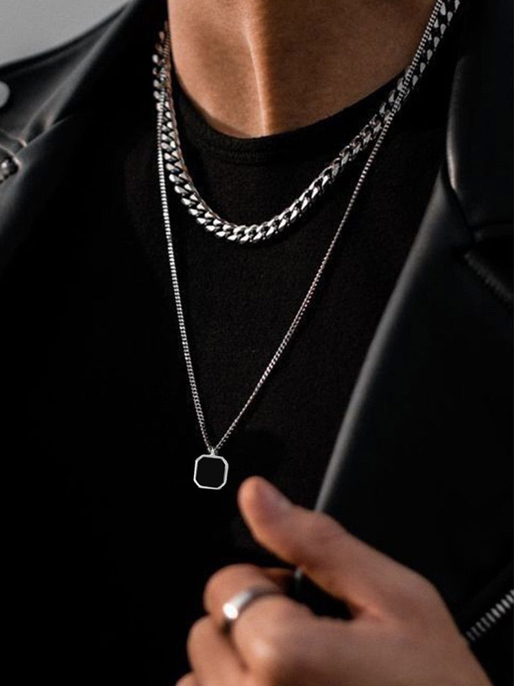 Layered Necklaces With Geometric Natural Stone Square Pendant