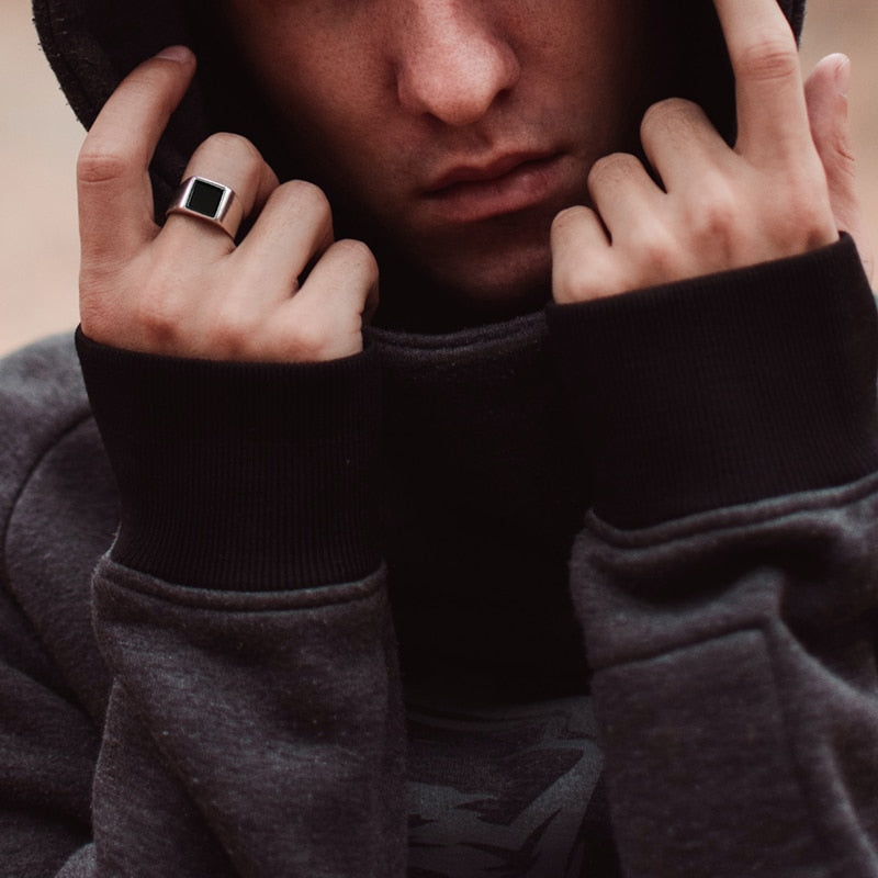 Solid Black Stone Silver Ring