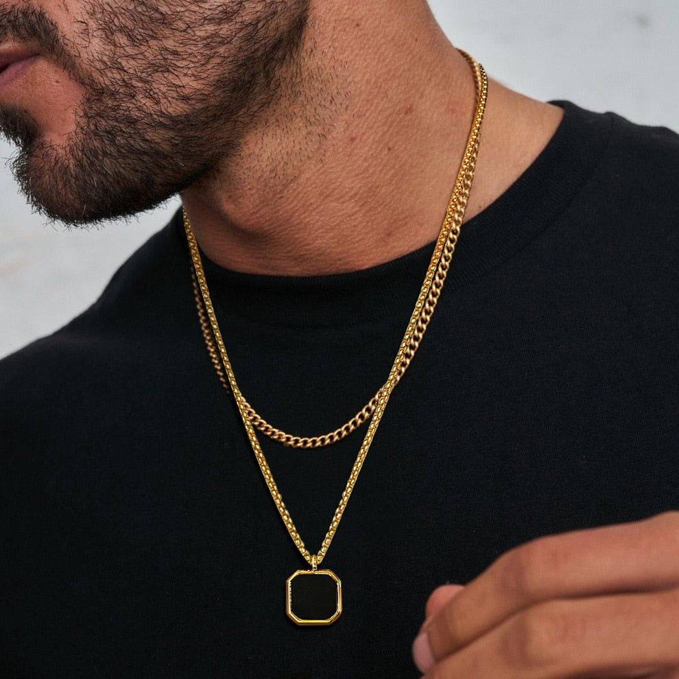 Layered Necklaces With Geometric Natural Stone Square Pendant