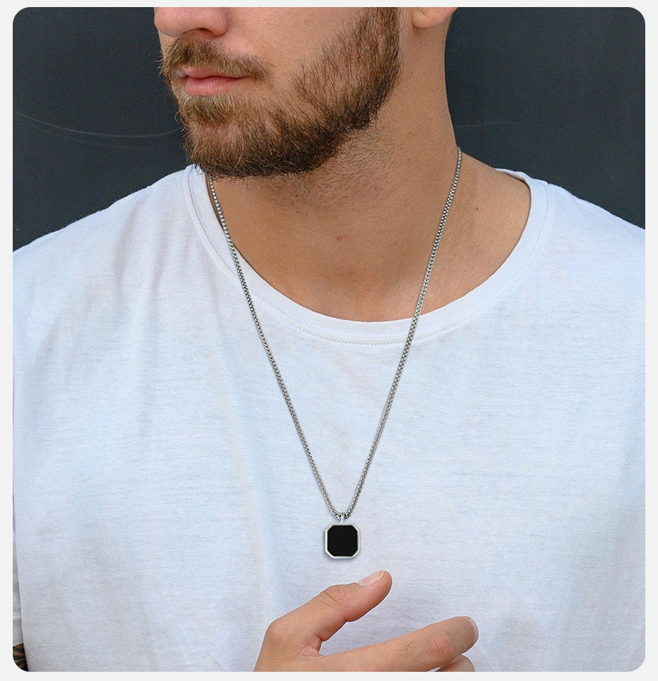 Layered Necklaces With Geometric Natural Stone Square Pendant