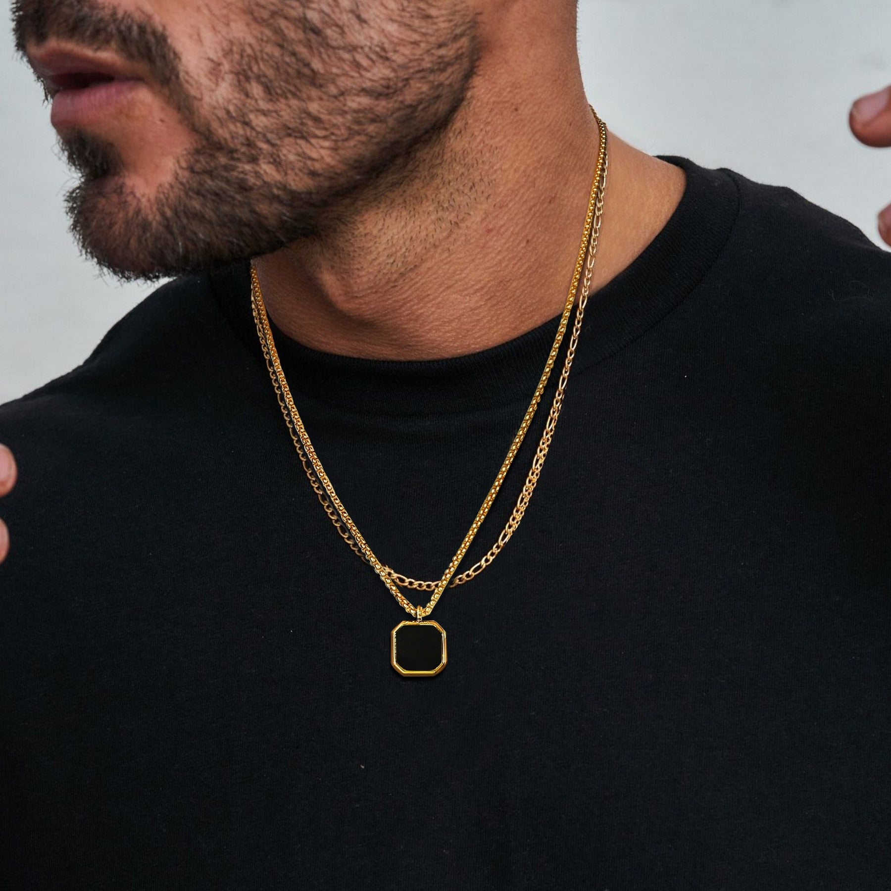 Layered Necklaces With Geometric Natural Stone Square Pendant