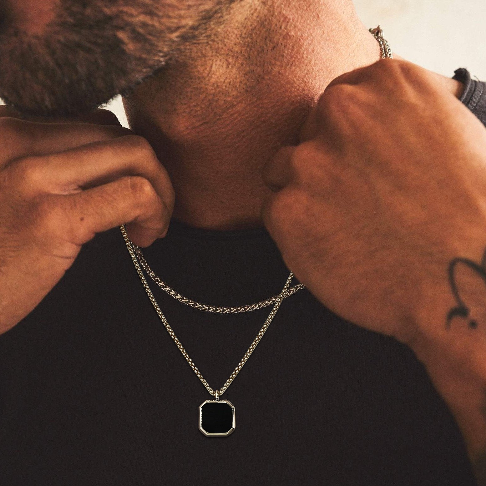 Layered Necklaces With Geometric Natural Stone Square Pendant