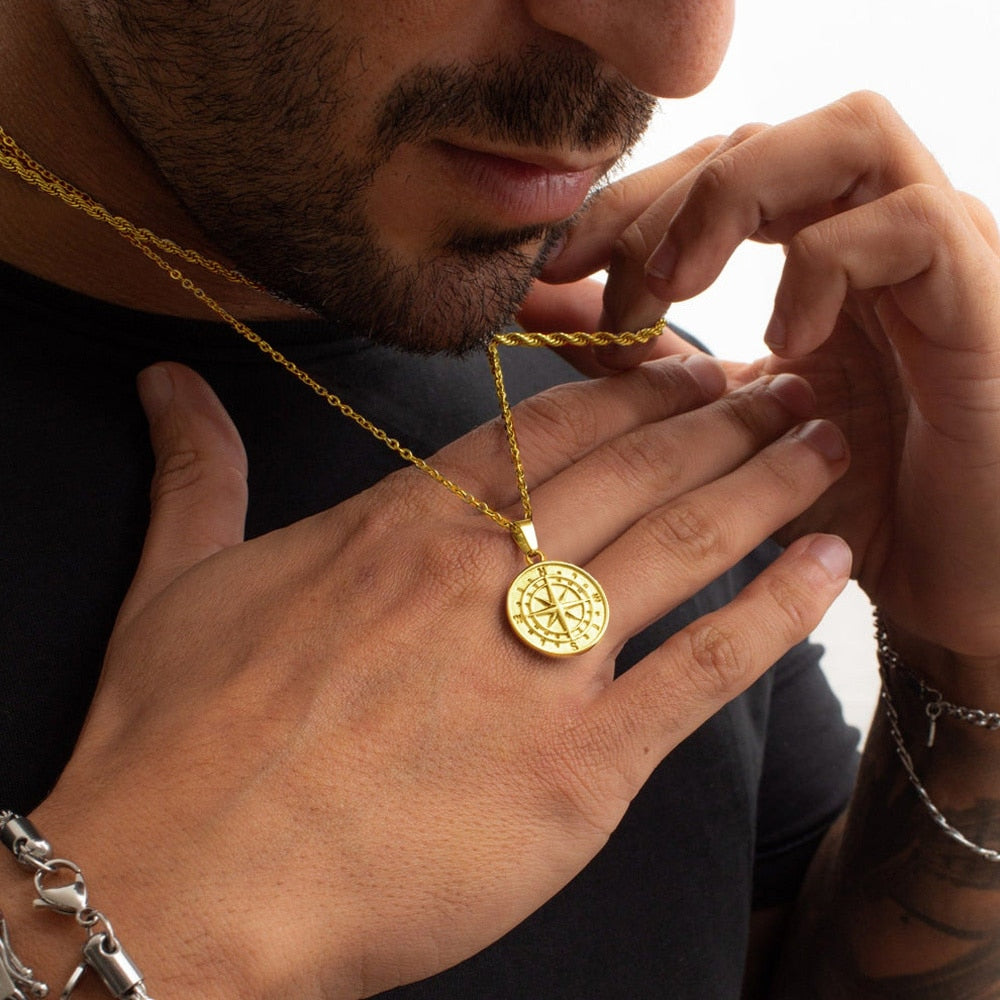 Layered Necklaces With Compass Pendant