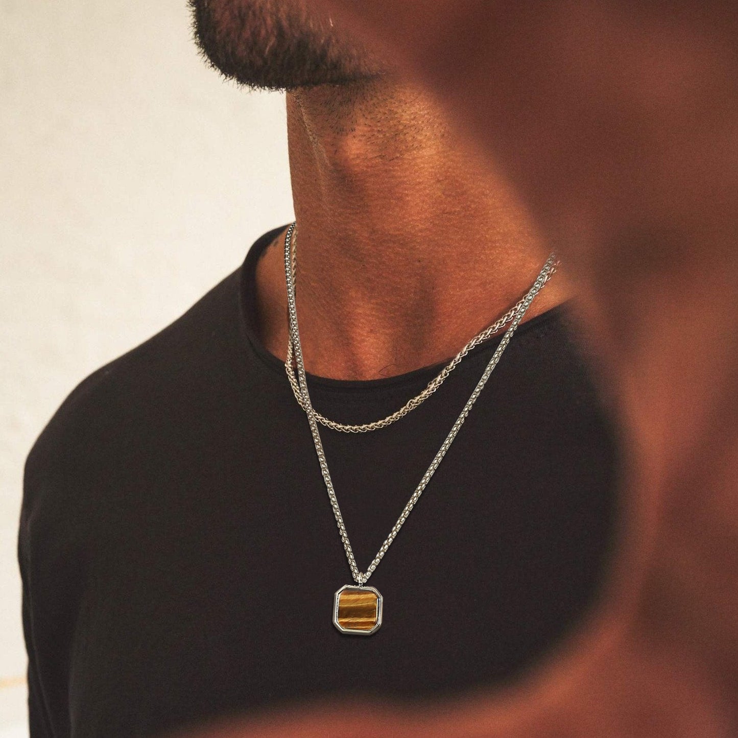 Layered Necklaces With Geometric Natural Stone Square Pendant