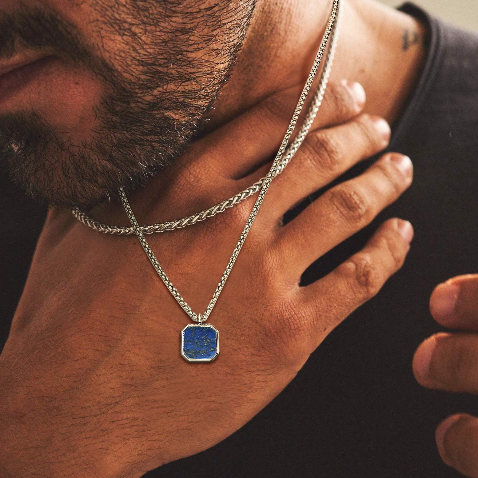 Layered Necklaces With Geometric Natural Stone Square Pendant
