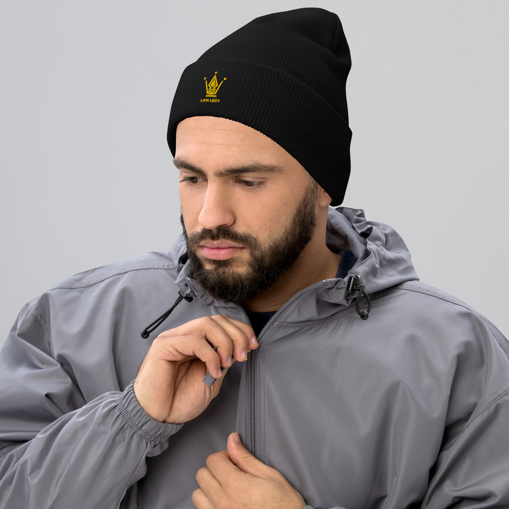 Gold Jet Black Embroidered Emblem Cuffed Beanie