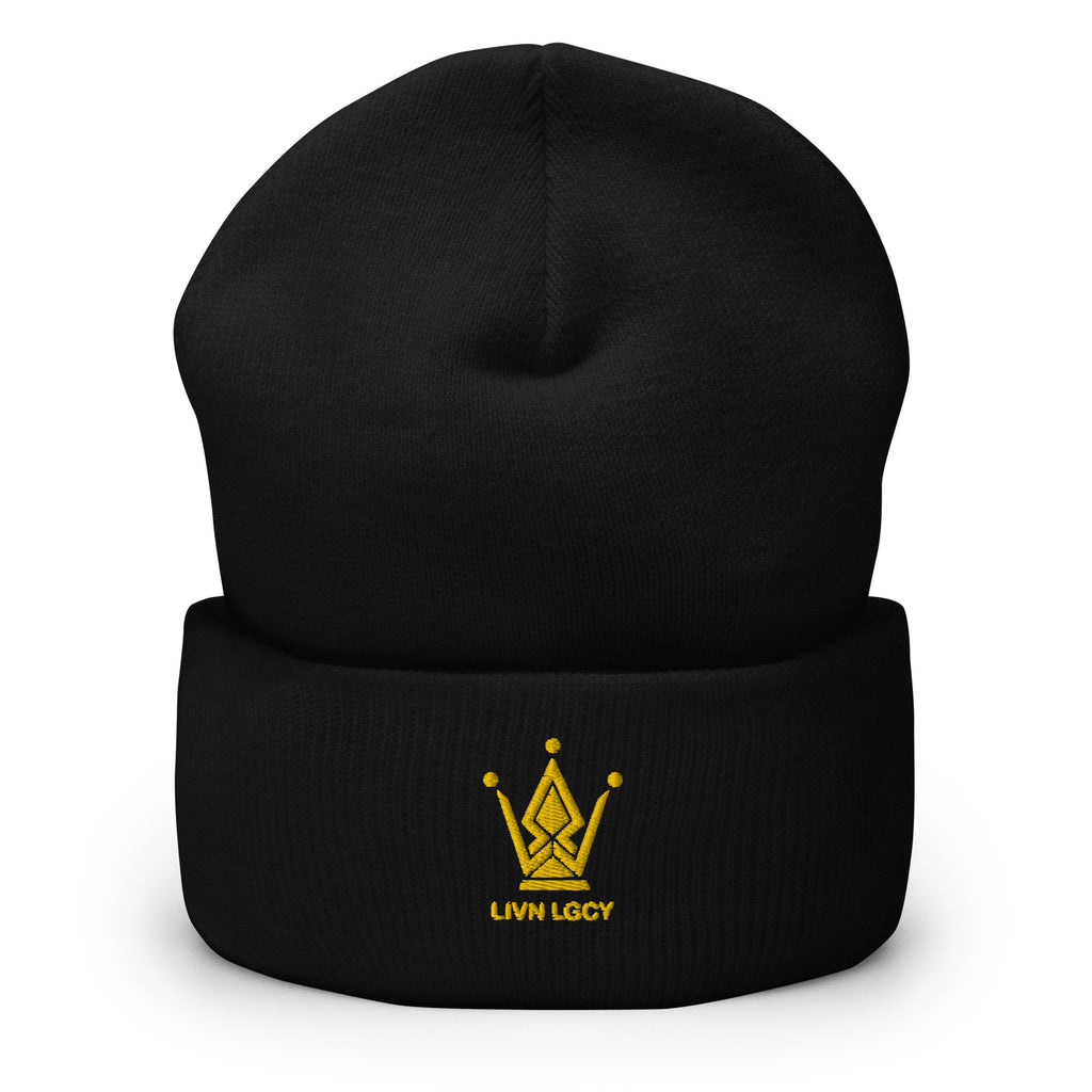 Gold Jet Black Embroidered Emblem Cuffed Beanie
