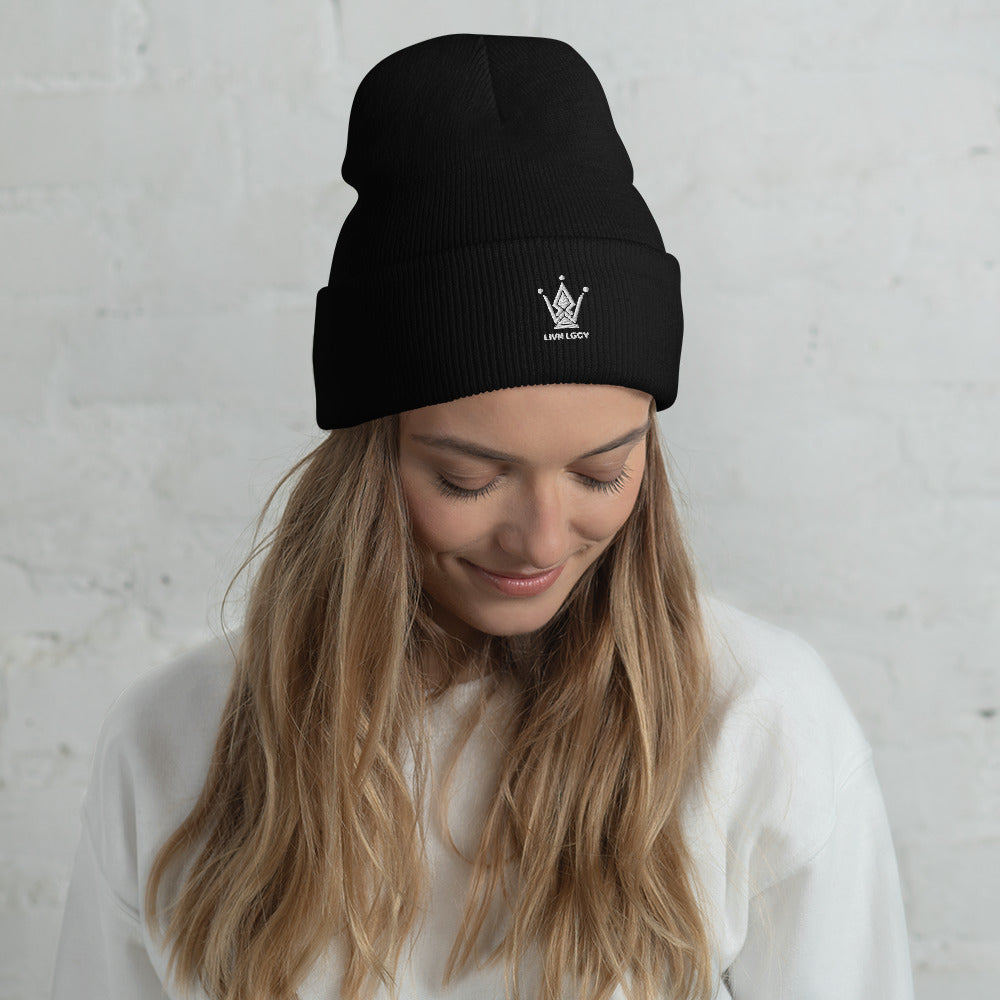 Pearl Black Embroidered Emblem Cuffed Beanie