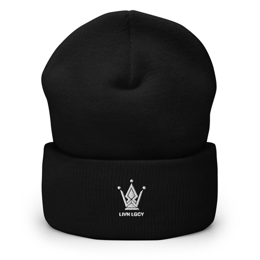 Pearl Black Embroidered Emblem Cuffed Beanie