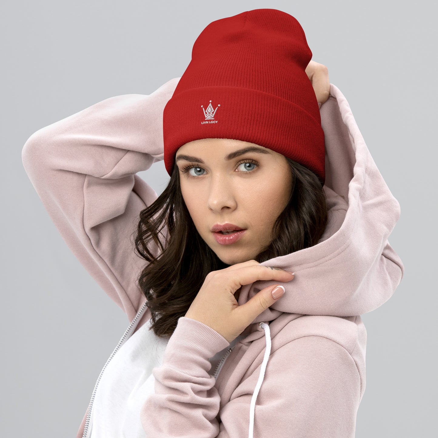 Ruby Red Embroidered Emblem Cuffed Beanie