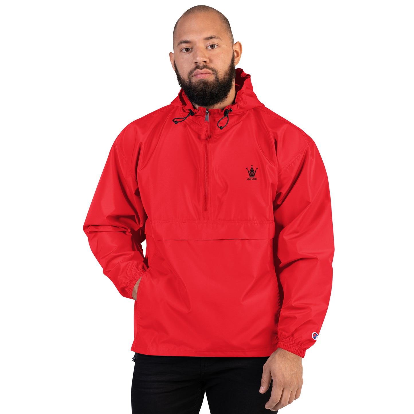 Embroidered Gradient Ruby Red Emblem Champion Packable Jacket