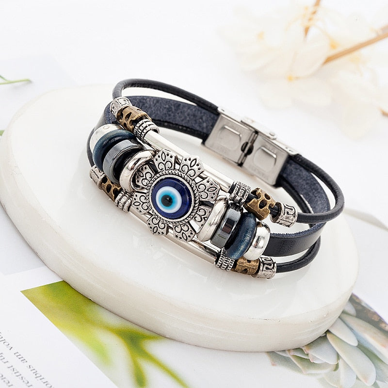 Turkish Eye Stainless Steel Multilayer Leather Bracelet