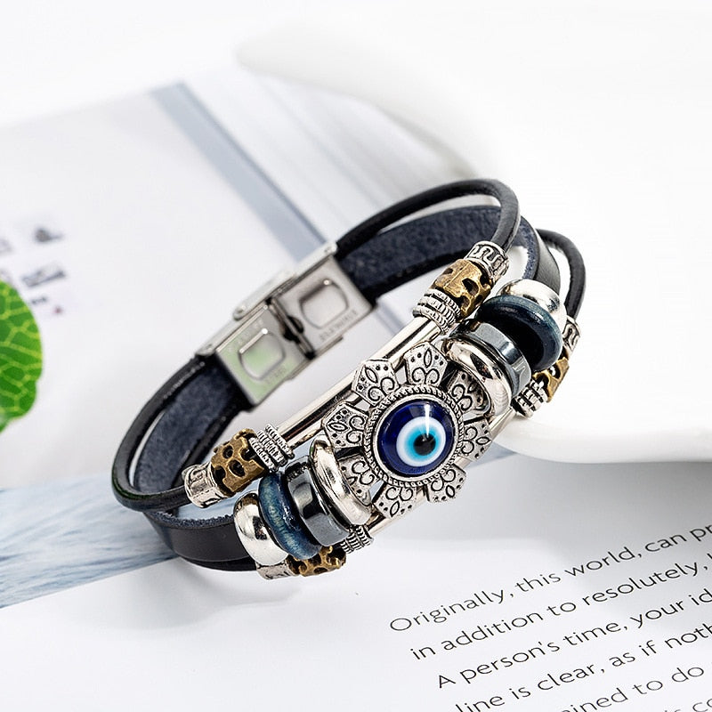 Turkish Eye Stainless Steel Multilayer Leather Bracelet