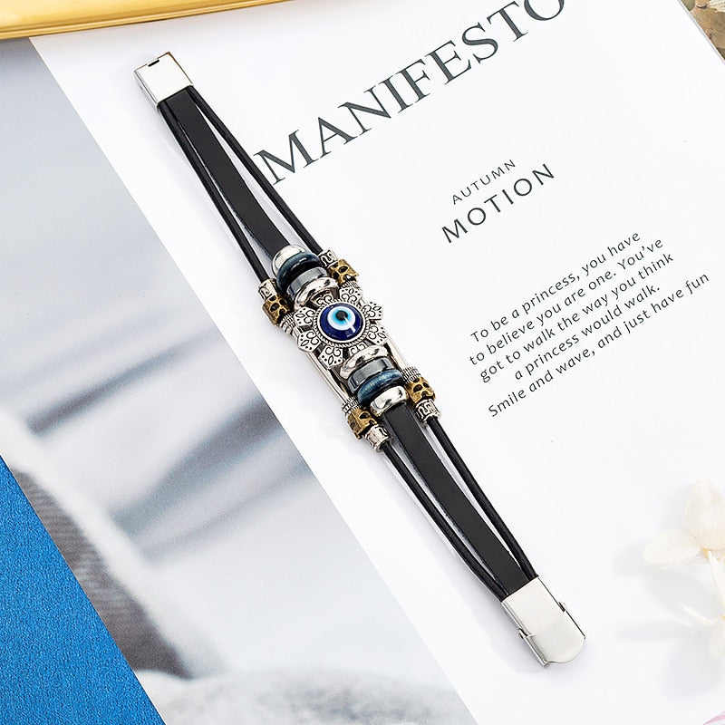Turkish Eye Stainless Steel Multilayer Leather Bracelet