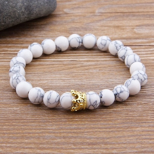 Matte Onyx Stone with Crown Beads Bracelet Liv'n Legacy White Howlite 