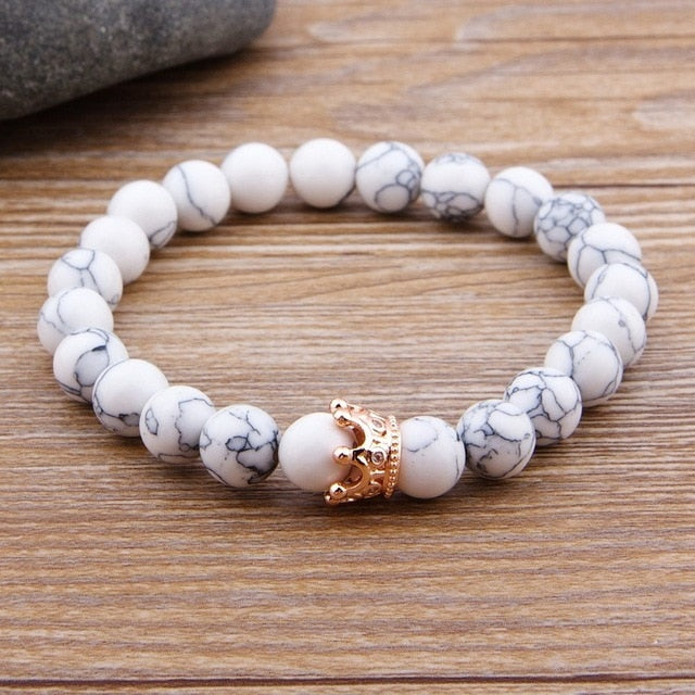 Matte Onyx Stone with Crown Beads Bracelet Liv'n Legacy White Howlite 1 