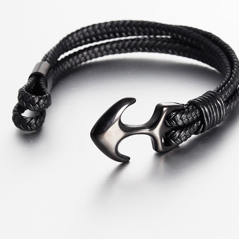 High Quality Titanium Steel Woven Anchor Leather Rope Bracelet