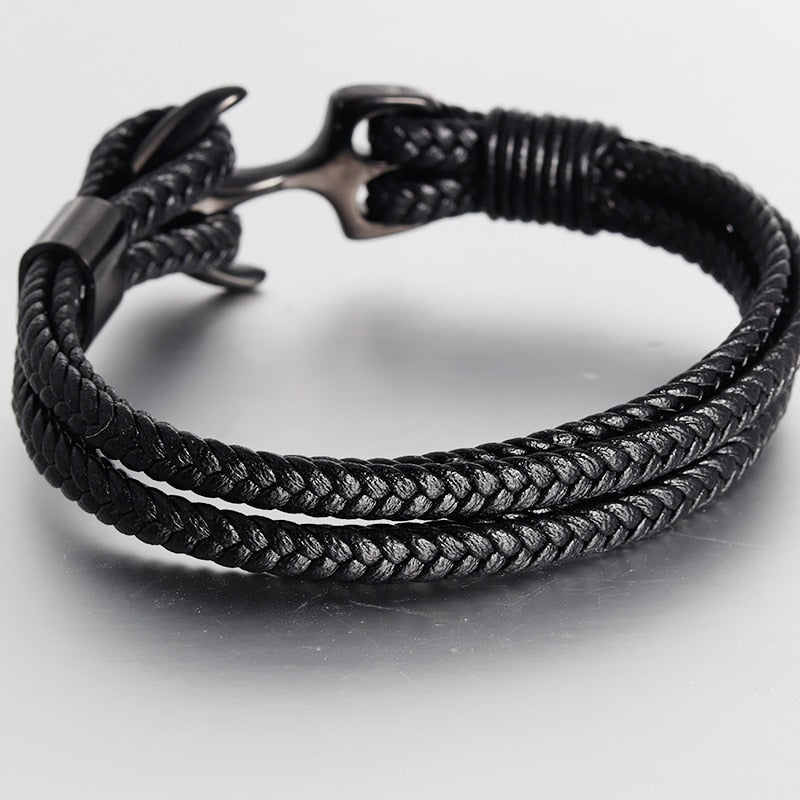 High Quality Titanium Steel Woven Anchor Leather Rope Bracelet