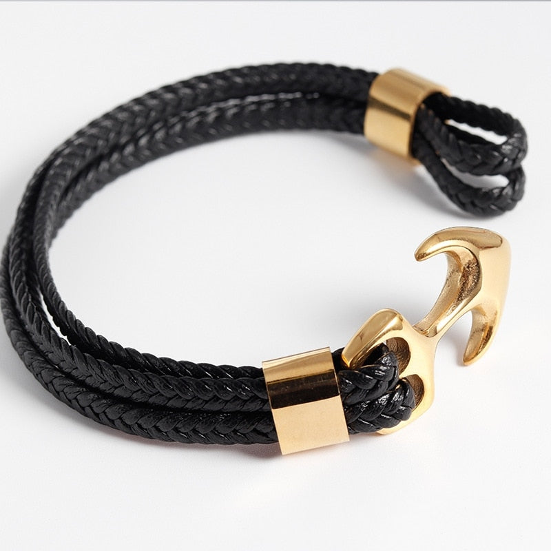 High Quality Titanium Steel Woven Anchor Leather Rope Bracelet