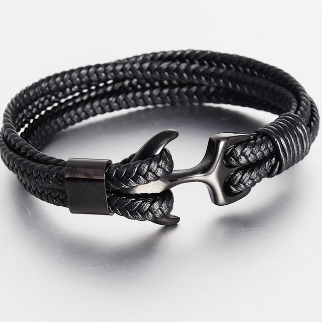 High Quality Titanium Steel Woven Anchor Leather Rope Bracelet
