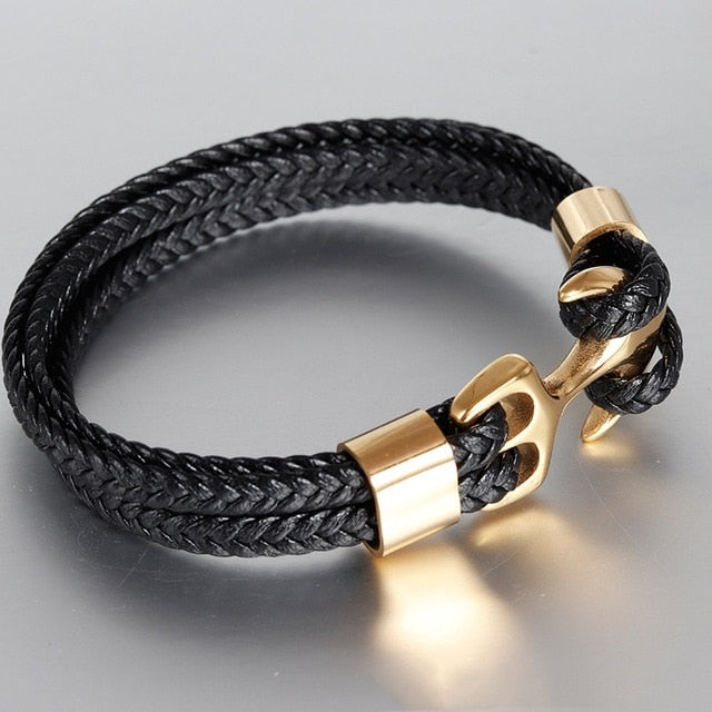 High Quality Titanium Steel Woven Anchor Leather Rope Bracelet
