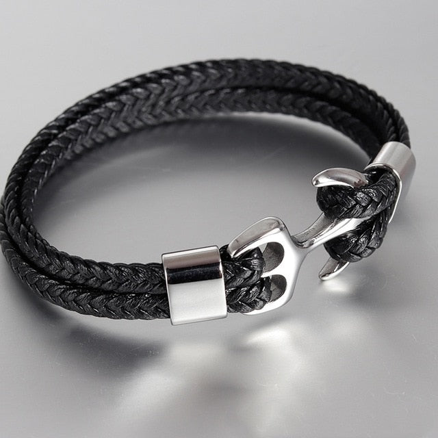 High Quality Titanium Steel Woven Anchor Leather Rope Bracelet