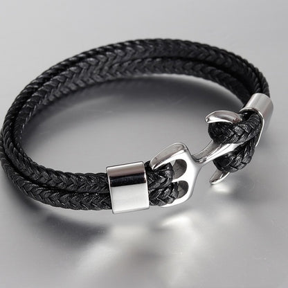 High Quality Titanium Steel Woven Anchor Leather Rope Bracelet