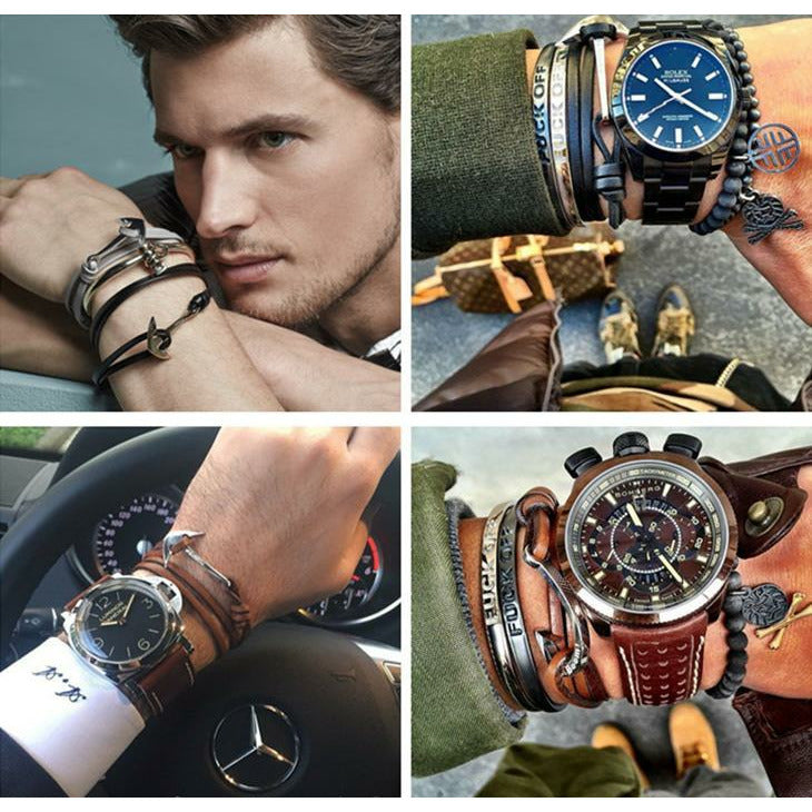 High Quality Titanium Steel Woven Anchor Leather Rope Bracelet