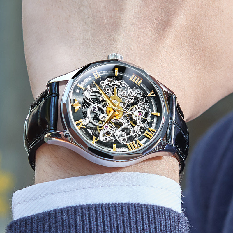 Mens Watch Mechanical Wrist Watch Luxury Automatic Skeleton Genuine Leather Top Brand OUPINKE Tungsten Steel Sapphire Glass