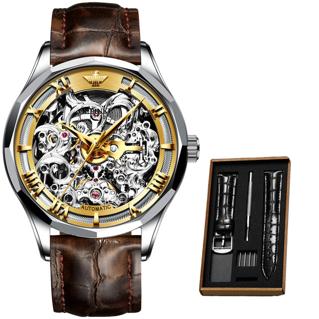 Mens Watch Mechanical Wrist Watch Luxury Automatic Skeleton Genuine Leather Top Brand OUPINKE Tungsten Steel Sapphire Glass