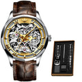 Mens Watch Mechanical Wrist Watch Luxury Automatic Skeleton Genuine Leather Top Brand OUPINKE Tungsten Steel Sapphire Glass