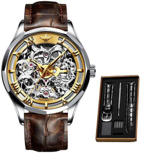 Mens Watch Mechanical Wrist Watch Luxury Automatic Skeleton Genuine Leather Top Brand OUPINKE Tungsten Steel Sapphire Glass