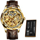 Mens Watch Mechanical Wrist Watch Luxury Automatic Skeleton Genuine Leather Top Brand OUPINKE Tungsten Steel Sapphire Glass