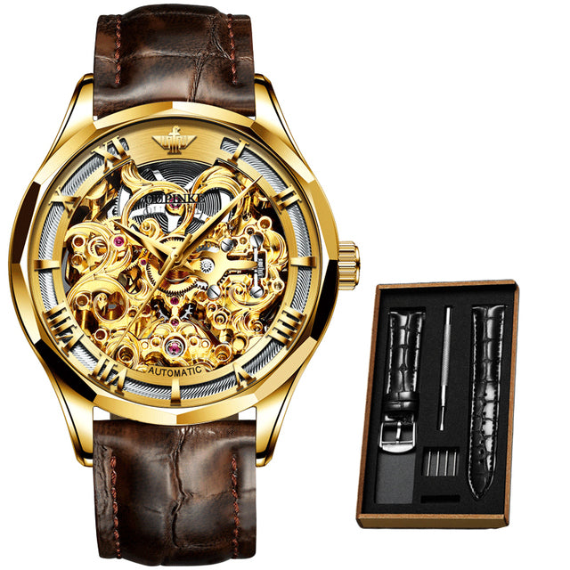 Mens Watch Mechanical Wrist Watch Luxury Automatic Skeleton Genuine Leather Top Brand OUPINKE Tungsten Steel Sapphire Glass