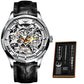 Mens Watch Mechanical Wrist Watch Luxury Automatic Skeleton Genuine Leather Top Brand OUPINKE Tungsten Steel Sapphire Glass