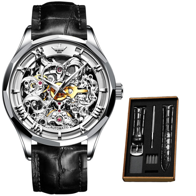 Mens Watch Mechanical Wrist Watch Luxury Automatic Skeleton Genuine Leather Top Brand OUPINKE Tungsten Steel Sapphire Glass