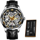 Mens Watch Mechanical Wrist Watch Luxury Automatic Skeleton Genuine Leather Top Brand OUPINKE Tungsten Steel Sapphire Glass